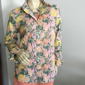 Floral and striped printed classic button down shirt size medium
